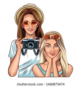 Pop art fashion women friends smiling with accesories cartoon ,vector illustration graphic design.