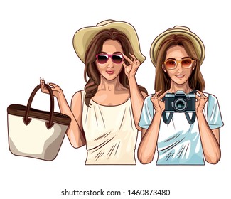 Pop art fashion women friends smiling with accesories cartoon ,vector illustration graphic design.