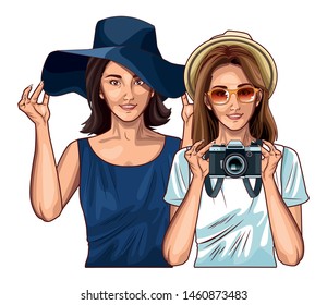 Pop art fashion women friends smiling with accesories cartoon ,vector illustration graphic design.