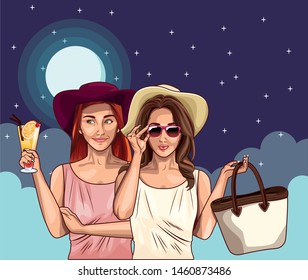 Pop art fashion women friends smiling with accesories cartoon on night sky background with stars and moon ,vector illustration graphic design.