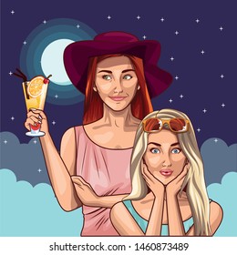 Pop art fashion women friends smiling with accesories cartoon on night sky background with stars and moon ,vector illustration graphic design.