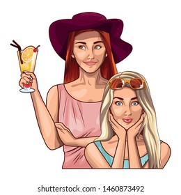 Pop art fashion women friends smiling with accesories cartoon ,vector illustration graphic design.