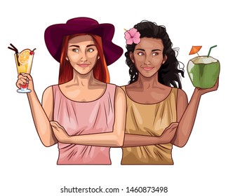 Pop art fashion women friends smiling with accesories cartoon ,vector illustration graphic design.