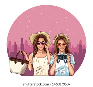 Pop art fashion women friends smiling with accesories cartoon in the city at night round icon background ,vector illustration graphic design.