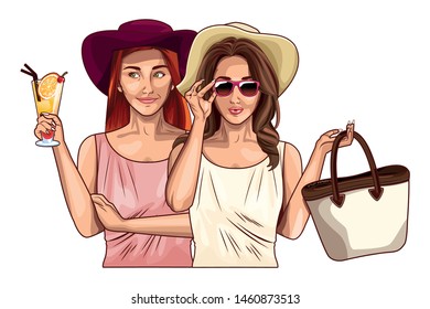 Pop art fashion women friends smiling with accesories cartoon ,vector illustration graphic design.