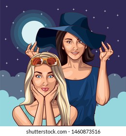 Pop art fashion women friends smiling with accesories cartoon on night sky background with stars and moon ,vector illustration graphic design.