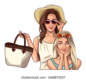 Pop art fashion women friends smiling with accesories cartoon ,vector illustration graphic design.