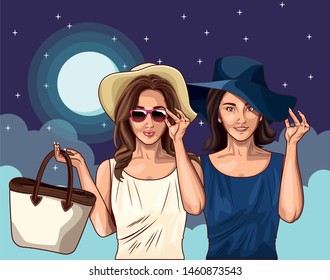 Pop art fashion women friends smiling with accesories cartoon on night sky background with stars and moon ,vector illustration graphic design.