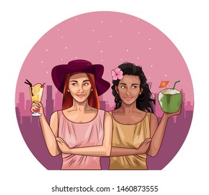 Pop art fashion women friends smiling with accesories cartoon in the city at night round icon background ,vector illustration graphic design.