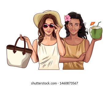 Pop art fashion women friends smiling with accesories cartoon ,vector illustration graphic design.