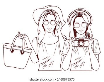 Pop art fashion women friends smiling with accesories cartoon ,vector illustration graphic design.