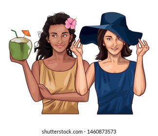 Pop art fashion women friends smiling with accesories cartoon ,vector illustration graphic design.