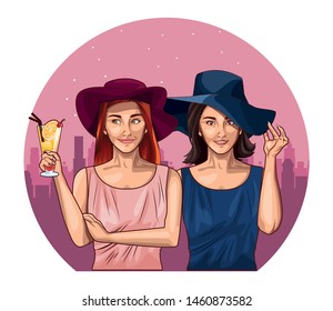 Pop art fashion women friends smiling with accesories cartoon in the city at night round icon background ,vector illustration graphic design.