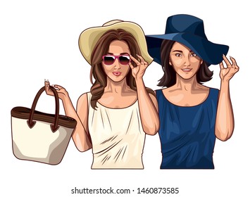 Pop art fashion women friends smiling with accesories cartoon ,vector illustration graphic design.