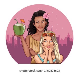 Pop art fashion women friends smiling with accesories cartoon in the city at night round icon background ,vector illustration graphic design.