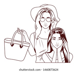 Pop art fashion women friends smiling with accesories cartoon ,vector illustration graphic design.