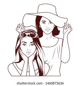 Pop art fashion women friends smiling with accesories cartoon ,vector illustration graphic design.