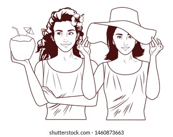 Pop art fashion women friends smiling with accesories cartoon ,vector illustration graphic design.