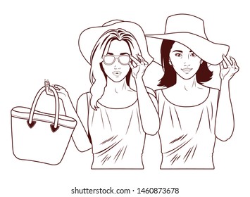 Pop art fashion women friends smiling with accesories cartoon ,vector illustration graphic design.