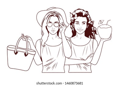 Pop art fashion women friends smiling with accesories cartoon ,vector illustration graphic design.