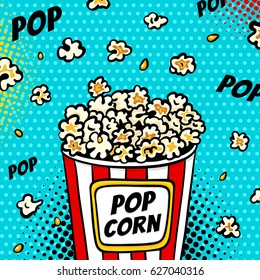 Pop art fast food in the cinema. Bright background with popcorn popping out of the box. Vector illustration in comic retro pop art style.