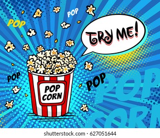 Pop art fast food in the cinema. Bright background with popcorn popping out of the box and try me speech bubble. Vector illustration in comic retro pop art style.