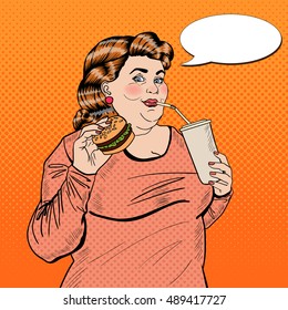 Pop Art Fat Woman Eating Fast Food And Drinking Soda. Vector Illustration