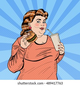 Pop Art Fat Woman Eating Fast Food And Drinking Soda. Vector Illustration