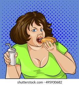 pop art fat woman eating a hamburger and drinks. Vector illustration.