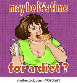pop art fat woman eating a hamburger and drinks. Vector illustration.