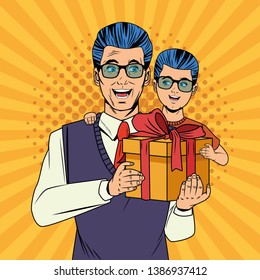 Pop art father and son with gift box cartoon