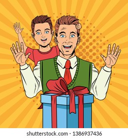 Pop art father and son with gift box cartoon