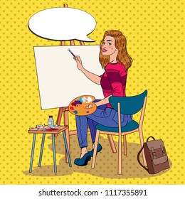 Pop Art Female Artist Painting at the Studio. Woman Painter in Workshop. Vector illustration