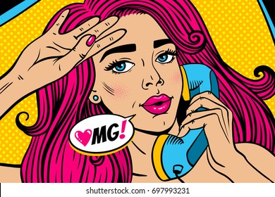 Pop Art Female Face. Closeup Of Sexy Young Woman With Pink Hair And Open Mouth Lying In Bed And Holding Old Phone Handset And OMG. Speech Bubble. Vector Colorful Illustration In Retro Comic Style.