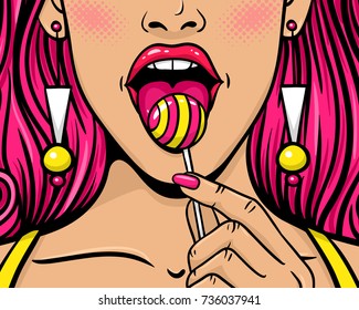 Pop art female face. Closeup of sexy young woman in glasses with long pink hair, open mouth, bright lollipop in her hand. Vector colorful background in pop art retro comic style.  Candy shop poster.