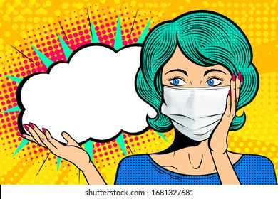 Pop art female face in medical mask. Comic woman with speech bubble. Retro halftone background. Healthcare vector illustration.
