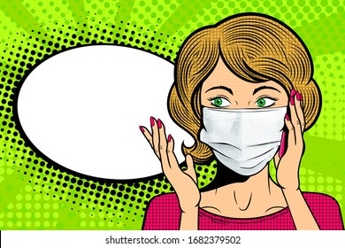 Pop art female face in medical mask talk on mobile phone. Female face with speech bubble. Retro dotted background. Healthcare vector illustration.