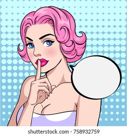 Pop art female face. Vector background in pop art retro comic style.  Sexy young woman with pink hair holding a finger to his lips. It's a secret.