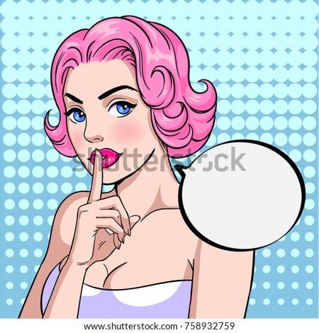 Pop art female face. Vector background in pop art retro comic style.  Sexy young woman with pink hair holding a finger to his lips. It's a secret.