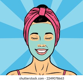 Pop art female face. Woman with closed eyes in bath towel with cosmetic mask on her face smiling and relaxing. Vector background in pop art retro comic style.