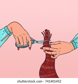 Pop Art Female Hairdressers Hands Cutting Hair with Scissors. Hairstylist, Beauty Salon Barber Shop. Vector illustration