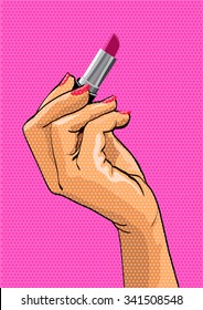  Pop Art. Female Hand Holding Lipstick