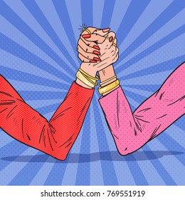 Pop Art Female Hands Armwrestling. Woman Rivalry, Competition, Conflict. Vector illustration