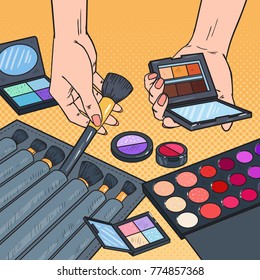 Pop Art Female Hands with Cosmetics. Professional Make-up Beauty Products Concept. Visage Artist. Vector illustration