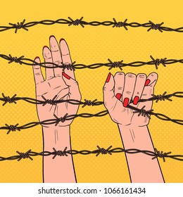 Pop Art Female Hands Holding a Barbed Wire. Human Rights Concept. Vector illustration