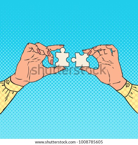 Pop Art Female Hands Holding Two Puzzle Pieces. Business Solution Concept. Vector illustration