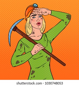 Pop Art Female Miner In Helmet With Pickaxe. Coal Industry Worker. Vector Illustration