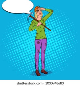 Pop Art Female Miner in Helmet with Pickaxe. Coal Industry Worker. Vector illustration