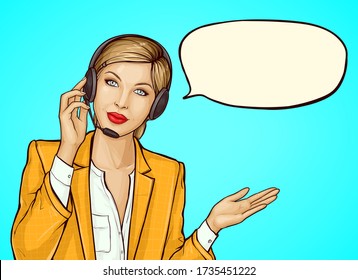 Pop art female operator consulting client on hotline. Beautiful young woman with headset with microphone. Call center, customer support, helpdesk or online service concept. Cartoon vector illustration