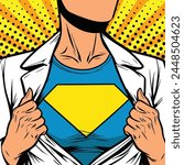 Pop art female superhero woman dressed in white jacket shows superhero t-shirt empty sign on the chest vector illustration template design